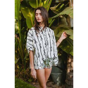 BiBi‎ Bow Ribbon Woven Printed Button Down Shirt